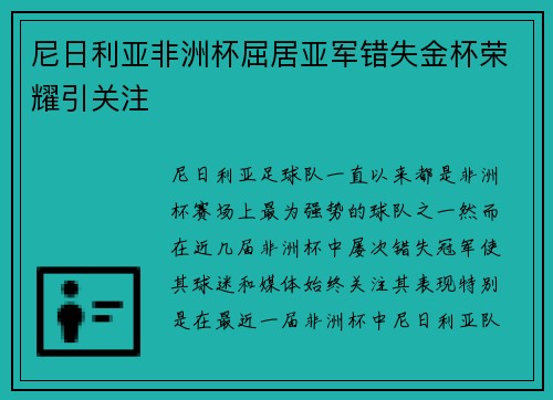 尼日利亚非洲杯屈居亚军错失金杯荣耀引关注